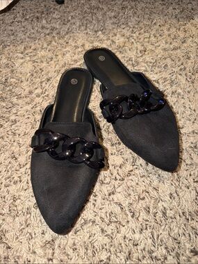 Black Pointed Slip-On Mules with Chain Accent